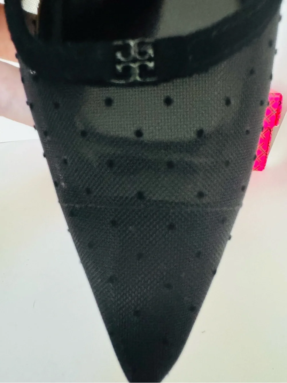 NWOT Tory Burch Black Pointed Doible T Polka Dot Mesh Slingback Wedge US6.5